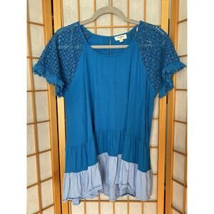 UMGEE Linen Blend Top Blouse Crochet Lace Blue Multicolor Medium